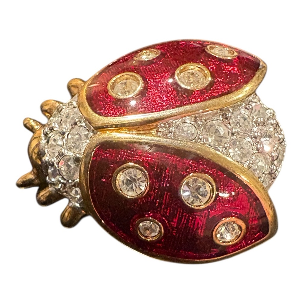Swarovski Ladybug Figural Brooch Red Sharkskin Enamel Crystal Gold Tone J27